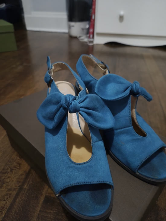 Shoes - Blue Suede Bow Slingback Sandals - Women